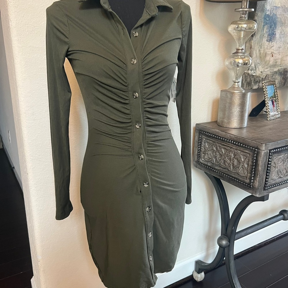 Olive Green Ribbed Shirt Dress Mini Bodycon Ruched Button Down Long Sleeve